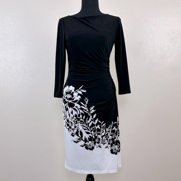 Lauren Ralph Lauren Black and White Side Ruched Dress Women's Size 4P - Picture 3 of 14